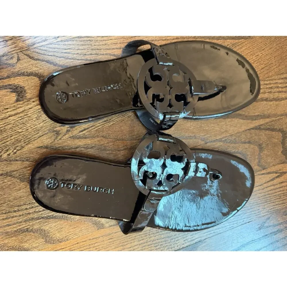 Tory Burch Miller Thong Sandal Women's Sz 9.5 Black patent Leather